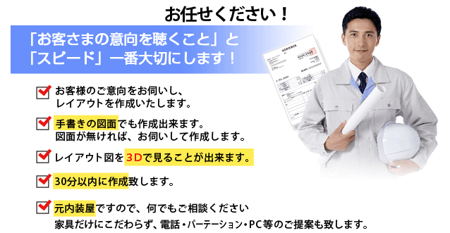 1.お客様のご意向をお伺いしレイアウトを作成致します　2.手書き図面でも作成できます図面が無ければお伺いして作成します　レイアウト図を3Ｄで見る事ができます　30分以内に作成　元内装屋ですので、家具だけにこだわらず電話パーテーションも提案いたします