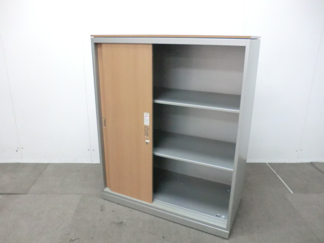 オカムラ / レクトライン / 木目調 【中古】 引違い書庫